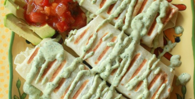 Grilled Black Bean Burritos with Chicken (or Not) and Creamy Cilantro-Jalapeno Sauce
