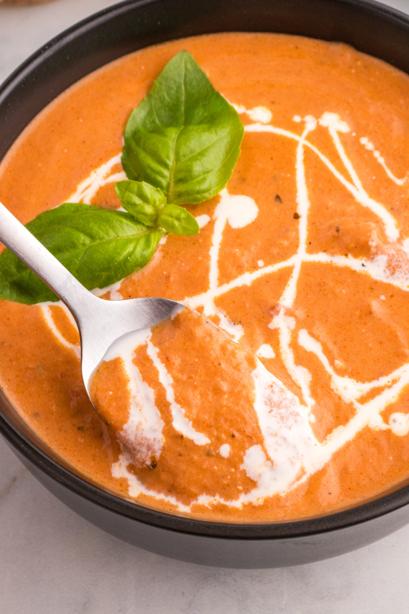 A spoon scoops a mouthful of creamy tomato soup out of the bowl.