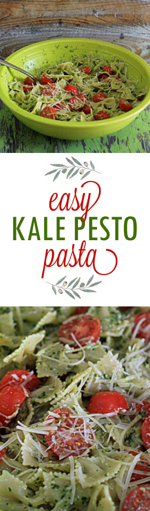 Easy Kale Pesto Pasta recipe - Garlicky, nutrient-rich pesto and juicy cherry tomatoes join up with pasta in this easy vegetarian dinner recipe that's on the table in under 30 minutes.