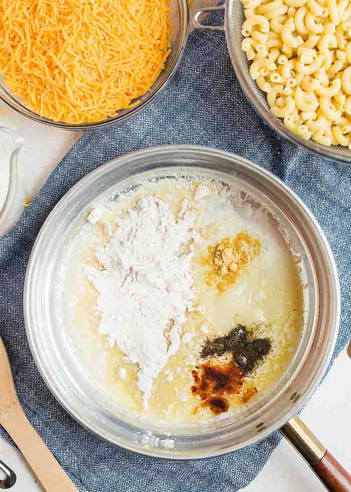 Making the roux for the best baked macaroni and cheese recipe ever