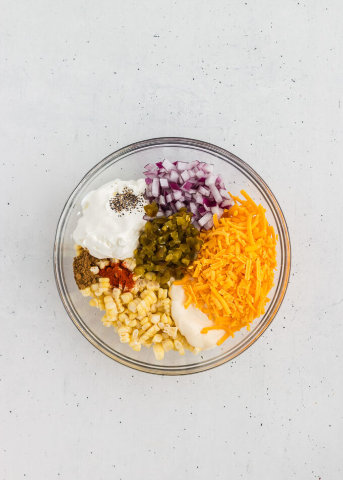ingredient for Mexican Corn Dip in a mixing bowl