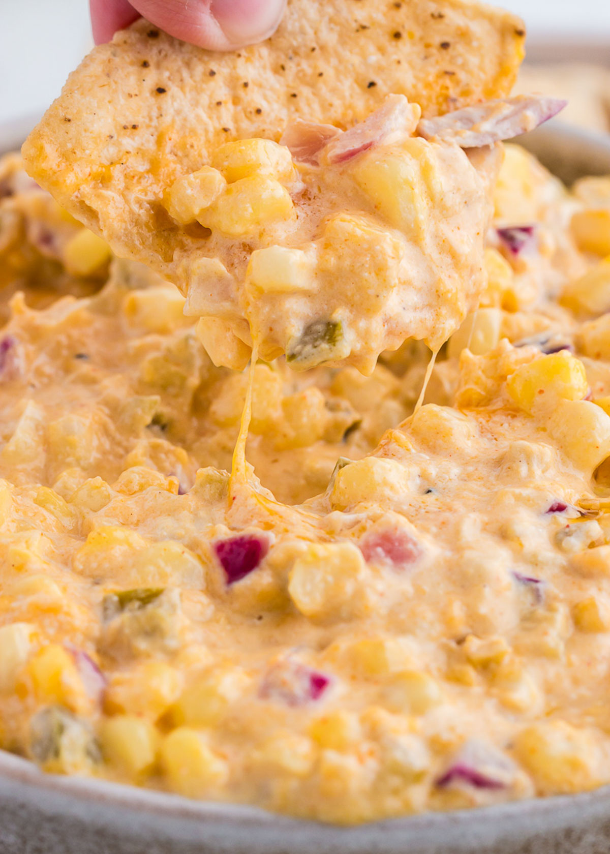 close-up of cheesy mexican corn dip