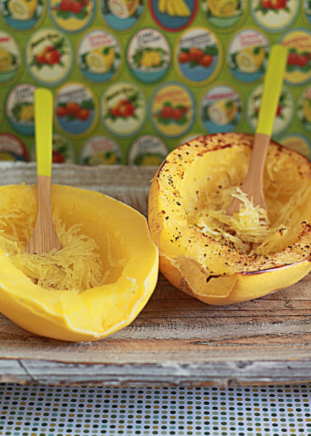 Two easy ways to cook spaghetti squash, either in the microwave or in the oven