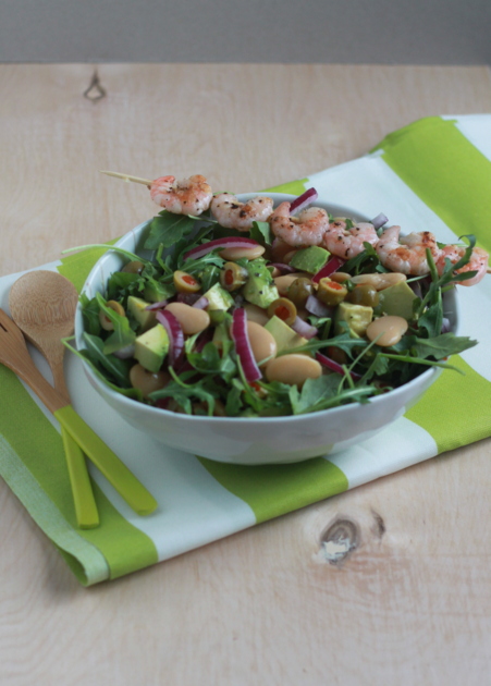 Lemony butter bean, avocado, & baby arugula salad with optional grilled shrimp | Kitchen Treaty
