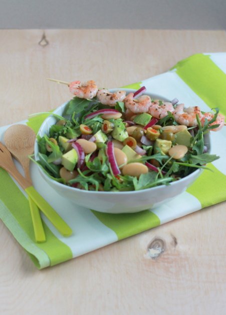 Lemony butter bean, avocado, & baby arugula salad with optional grilled shrimp | Kitchen Treat