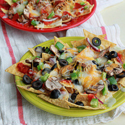 Combination pizza nachos with optional pepperoni and sausage | Kitchen Treaty