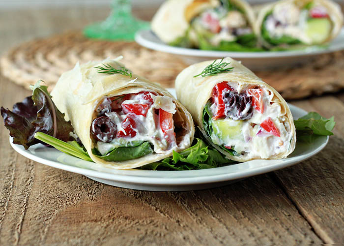 Creamy Greek salad sandwich wraps with optional chicken | Kitchen Treaty
