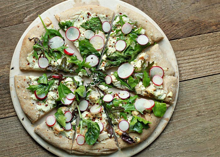 Radish and Goat Cheese Pizza with Spicy Mixed Greens and Optional Chicken | Kitchen Treaty