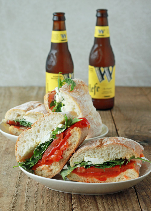 Roasted Red Pepper, Baby Arugula, & Goat Cheese Sandwiches with Optional Bacon | Kitchen Treaty