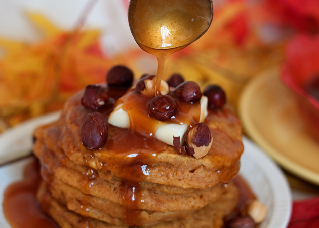 47 (Meatless!) Breakfast-for-Dinner Recipes |Pumpkin Pancakes with Buttermilk Caramel Syrup and Toasted Hazelnuts