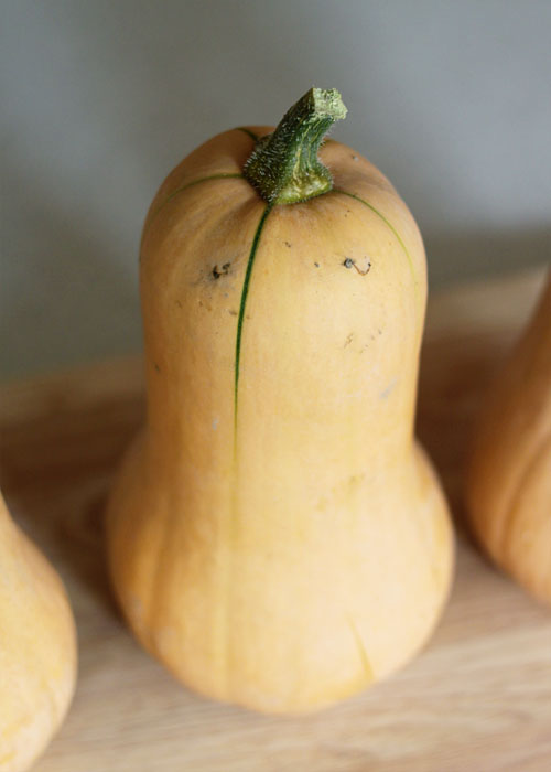 How to Peel and Cut a Butternut Squash (without losing a limb!) - 1. Peel with vegetable peeler 2. Cut off the top and bottom 3. Set solidly on bottom and cut in half down the middle 4. Scoop out seeds 5. Cut into slices 6. Cut into spears 7. Cut spears into cubes
