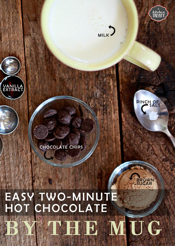 Super easy, two-minute, from-scratch hot chocolate by the mug from kitchentreaty.com.