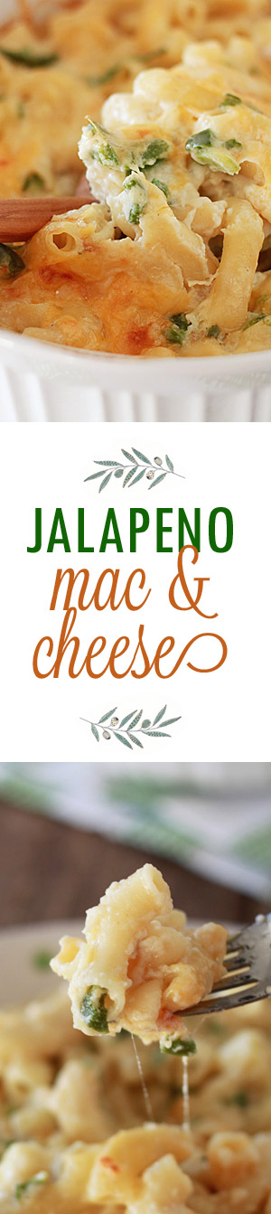 Jalapeno Mac & Cheese recipe - Generously flecked with jalapeno peppers, this ooey gooey baked mac and cheese packs a good dose of nice, smoky heat.