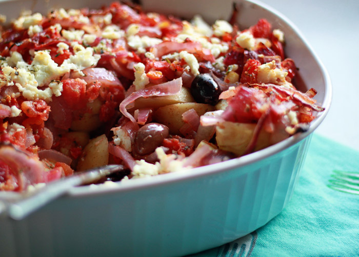 Potatoes Baked with Tomatoes, Olives, & Feta | kitchentreaty.com