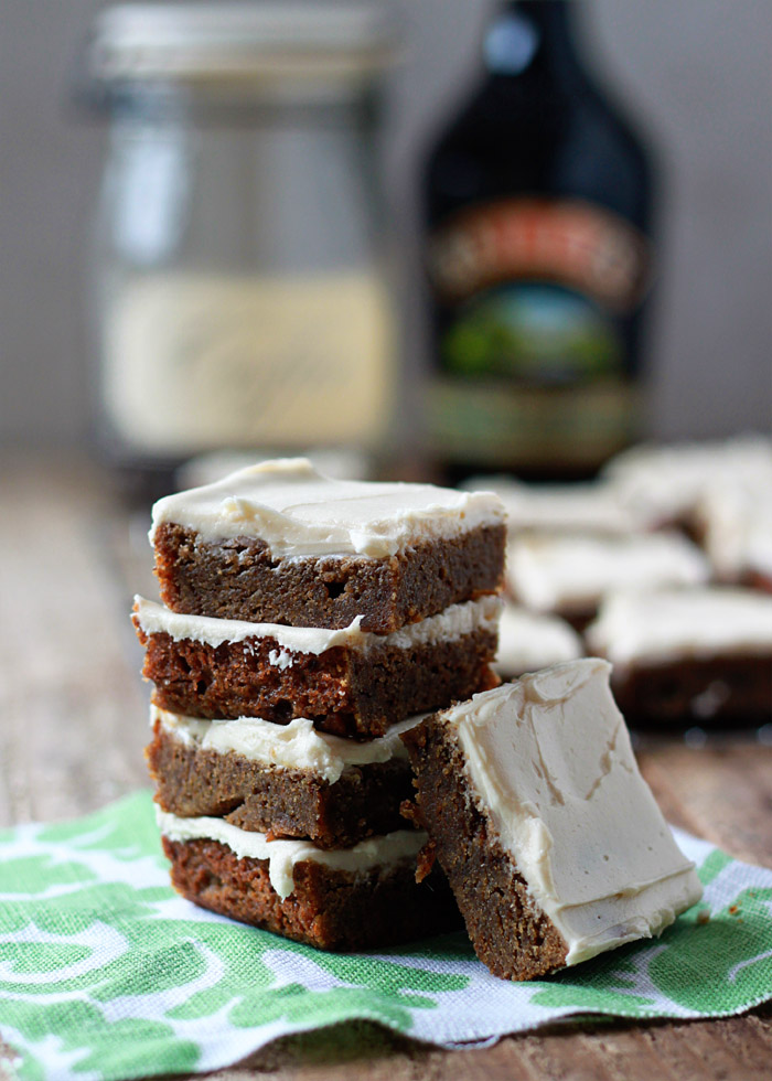 Here's your St. Patrick's Day dessert! Baileys & Coffee Blondies, a decadent take on Baileys and coffee. Espresso flavors the rich, caramel-y base; Irish Cream spiked buttercream frosting takes them over the top.