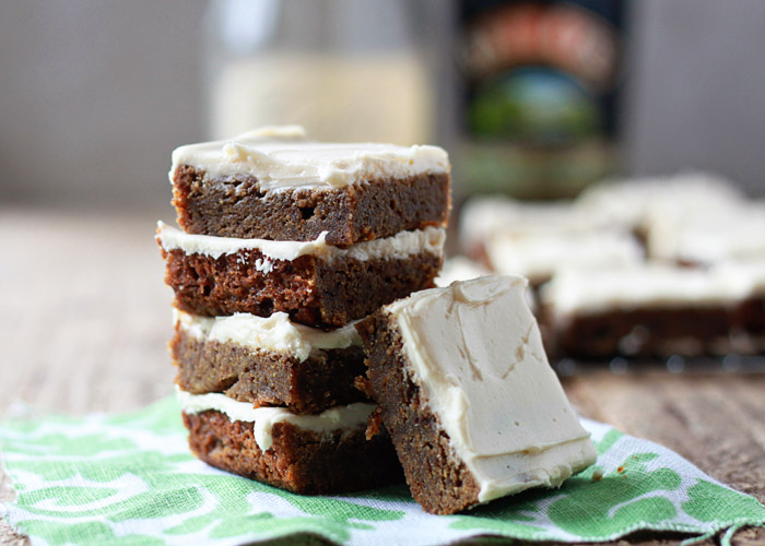 Here's your St. Patrick's Day dessert! Baileys & Coffee Blondies, a decadent take on Baileys and coffee. Espresso flavors the rich, caramel-y base; Irish Cream spiked buttercream frosting takes them over the top.
