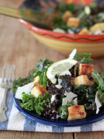 Kale Caesar Salad with Tofu Croutons & Kalamata Caesar Dressing | Kitchen Treaty