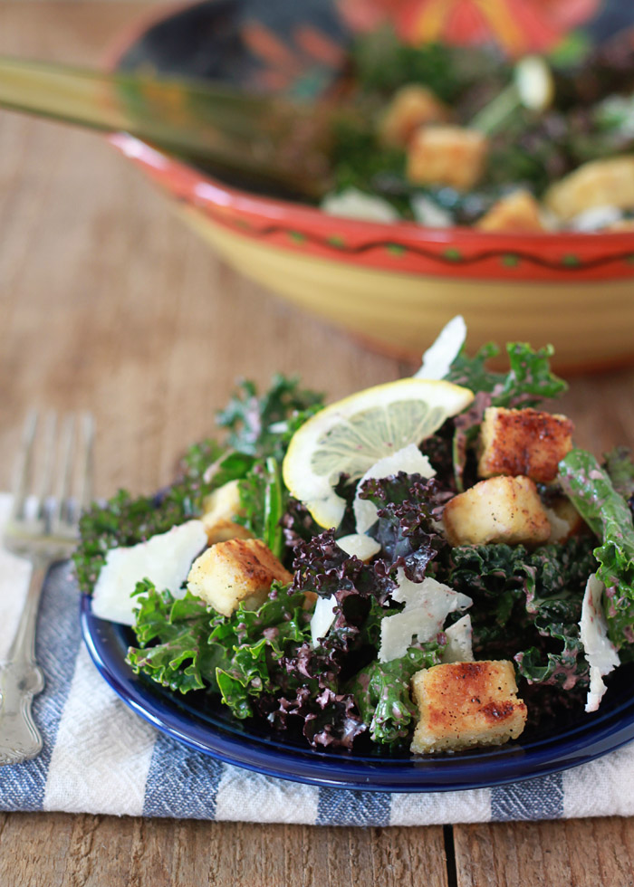 Kale Caesar Salad with Tofu Croutons & Kalamata Caesar Dressing | Kitchen Treaty