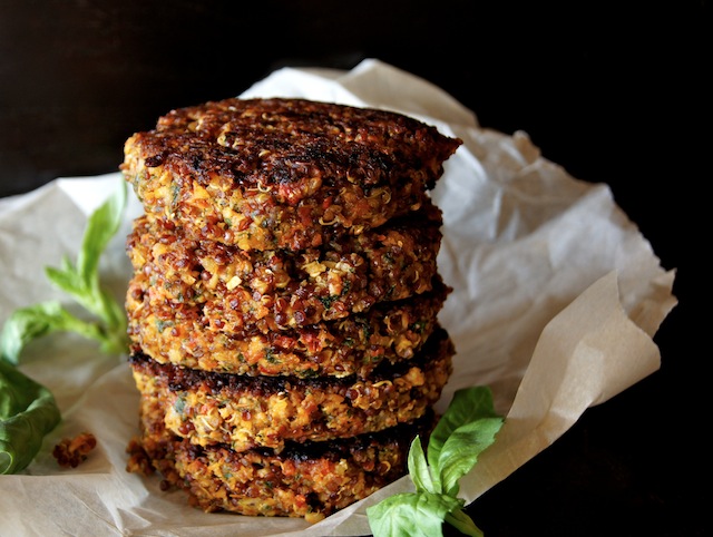 45 Veggie Burger Recipes: Crispy Red Quinoa Almond Tomato Burgers from Cooking on the Weekends
