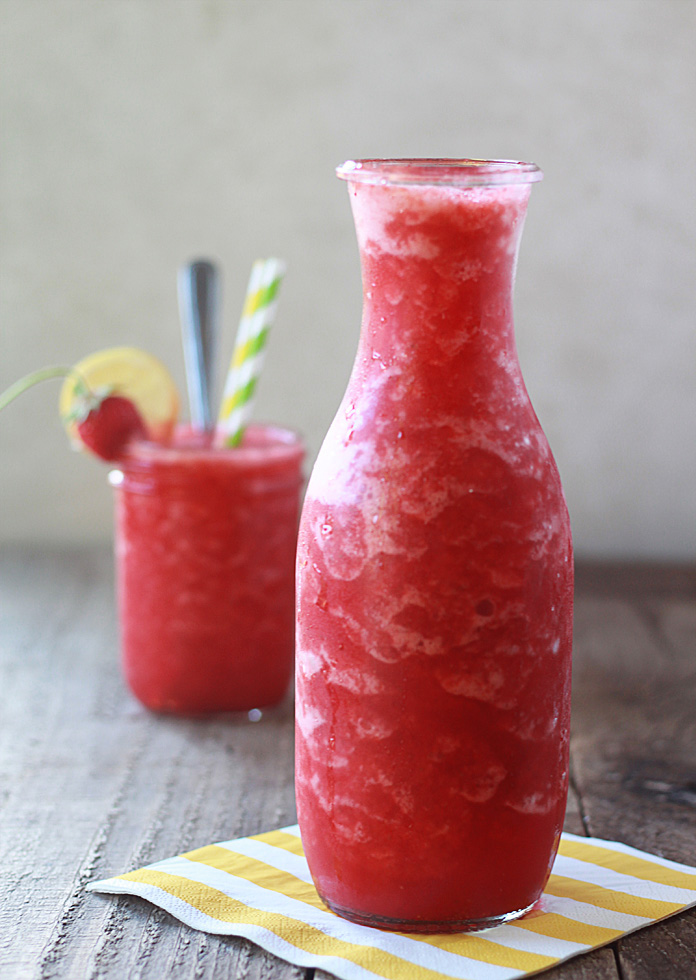 Boozy Strawberry Lemonade Slushies recipe - Strawberry lemonade all boozed up, and then frozen into slushie form. 