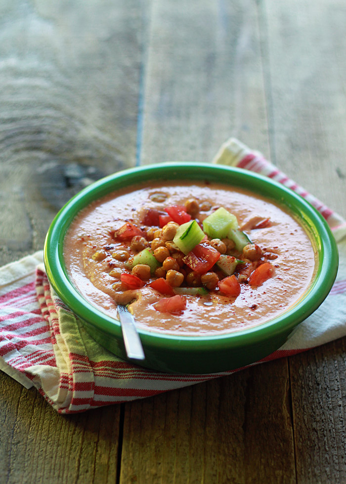 Hummus Gazpacho - Chickpeas amp up the protein in this cool summer soup recipe. Creamy, satisfying, and really not as weird as it sounds!