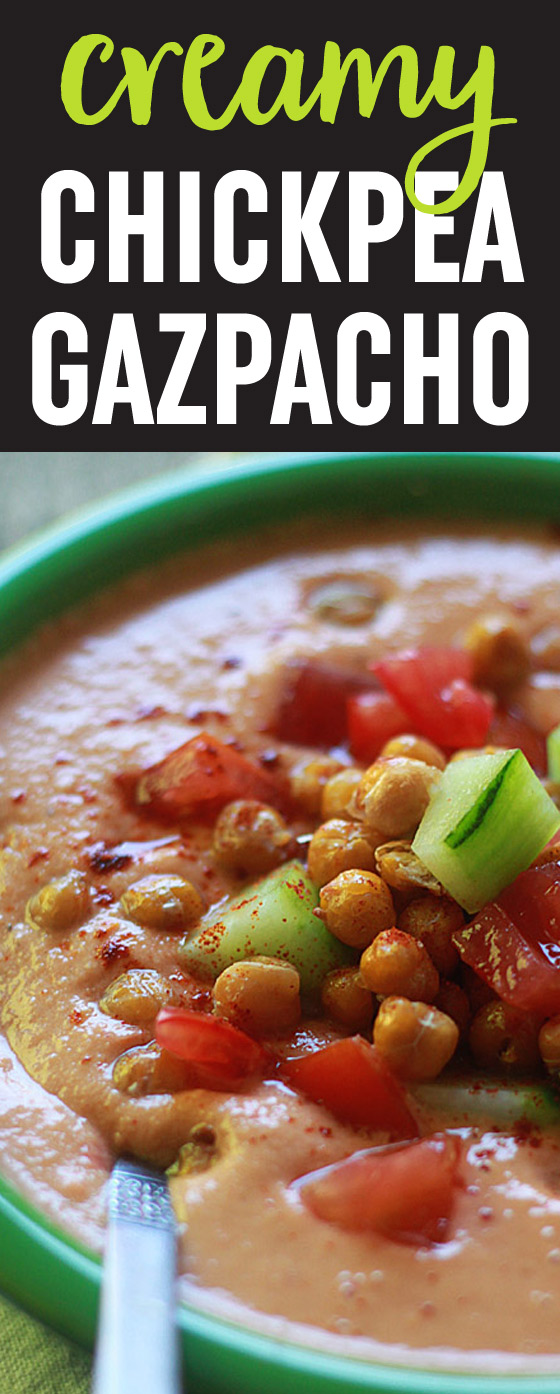 Creamy Chickpea Gazpacho - love this hearty vegan summer soup recipe! Chickpeas amp up the protein in this classic chilled tomato soup with an amped-up flavor twist. 