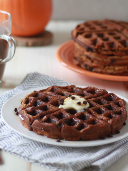 Chocolate Chip Pumpkin Waffles - Fluffy on the inside, crisp around the edges, and seriously kid-friendly.