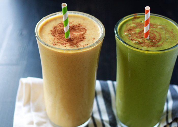 Vegan Pumpkin Pie Smoothies Two Ways - These rich and creamy cashew-based, dairy-free smoothies taste just like pumpkin pie, whether you go green or stay orange.