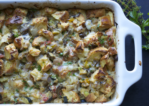 127 Vegetarian Thanksgiving Recipes Everyone Will Love - Savory Vegetable Bread Pudding from Taste, Love, & Nourish