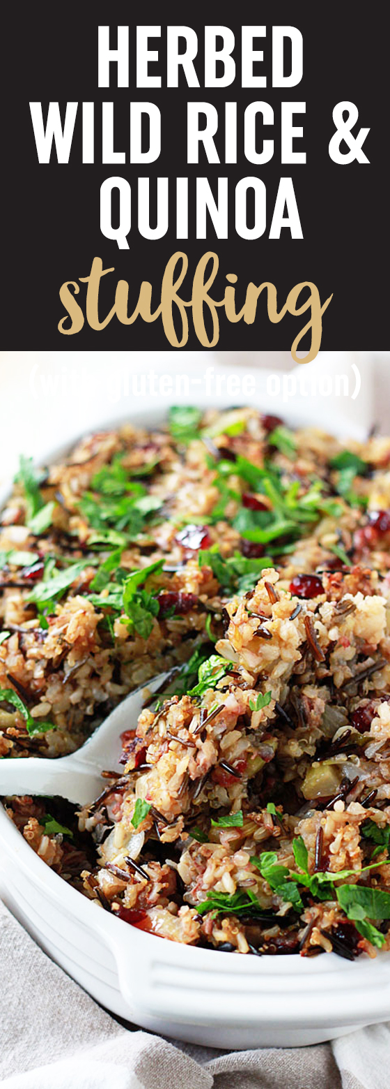Herbed Wild Rice and Quinoa Stuffing - Specked with fresh herbs, apples, cranberries, and pecans, everyone will love this flavor-filled stuffing - and nobody will guess its little secret: it's vegetarian, vegan, and gluten-free!