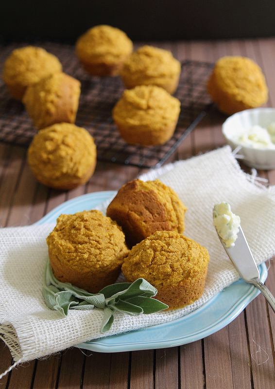 127 Vegetarian Thanksgiving Recipes Everyone Will Love - Pumpkin Corn Muffins with Honey Sage Butter from Running to the Kitchen