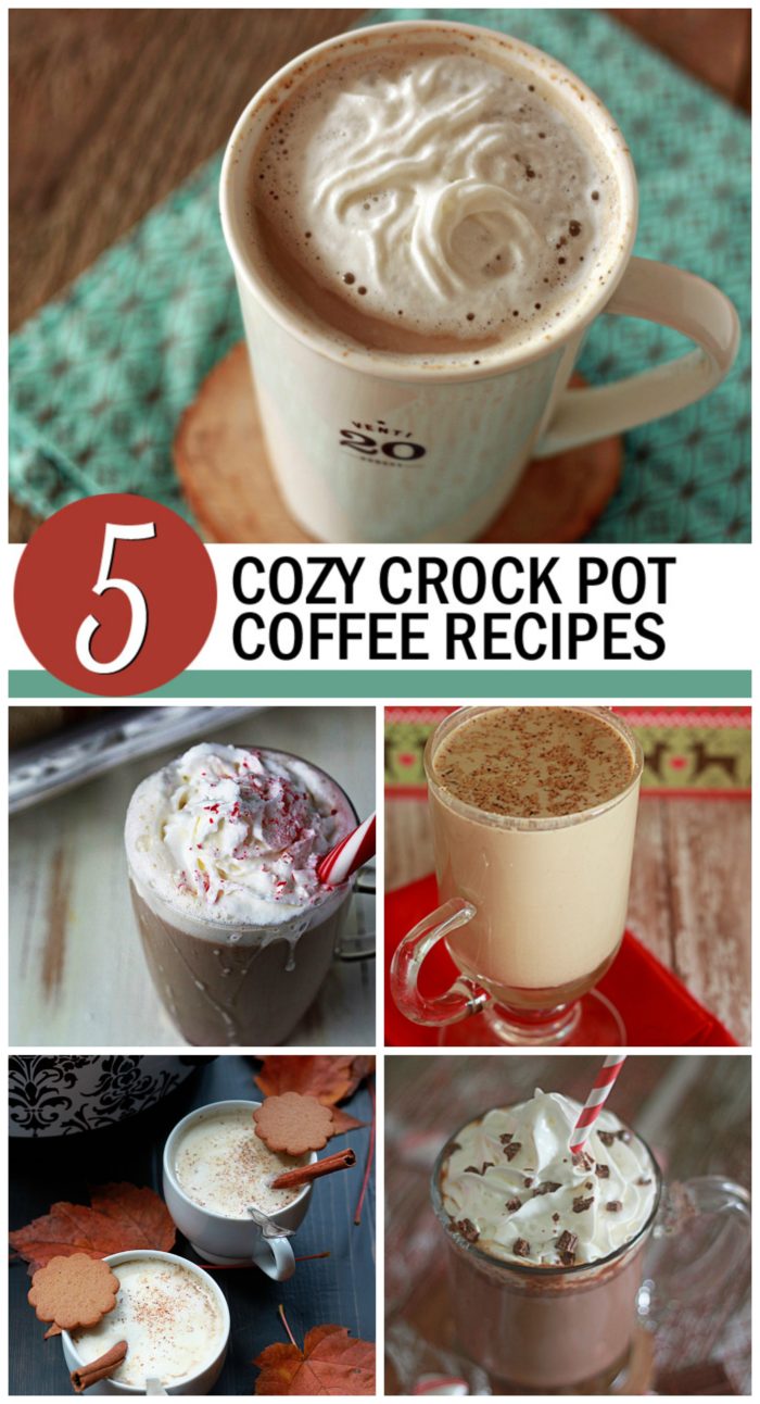  5 Cozy Crock Pot Coffee Recipes! The best thing to happen to holiday mornings. Eggnog Lattes, Gingerbread Pumpkin Lattes, Vanilla Lattes, Peppermint Vanilla Lattes, and Peppermint Mochas, all in the slow cooker. 