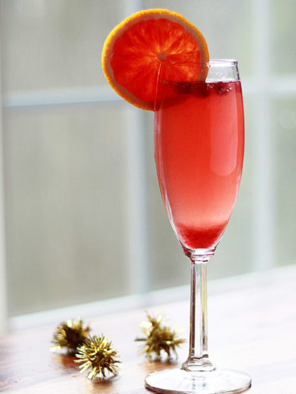 Blood Orange and Pomegranate Champagne Cocktail recipe - Tart, juicy, and so happy, the pomegranate arils dance in the bubbles!
