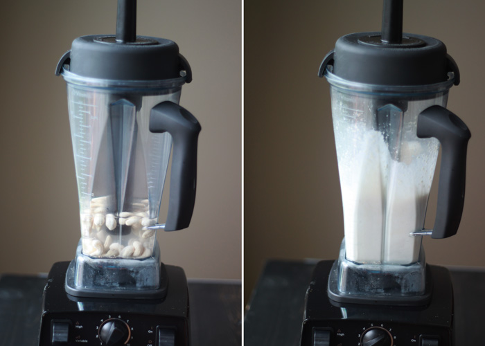 A side by side image showing cashews being blended into cashew creamer. 
