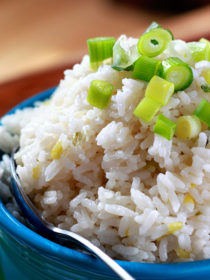 Sticky Coconut Rice with Scallions and Goodness and Light - an easy vegan rice recipe that everyone will love. Only 20 minutes and 5 ingredients to make.