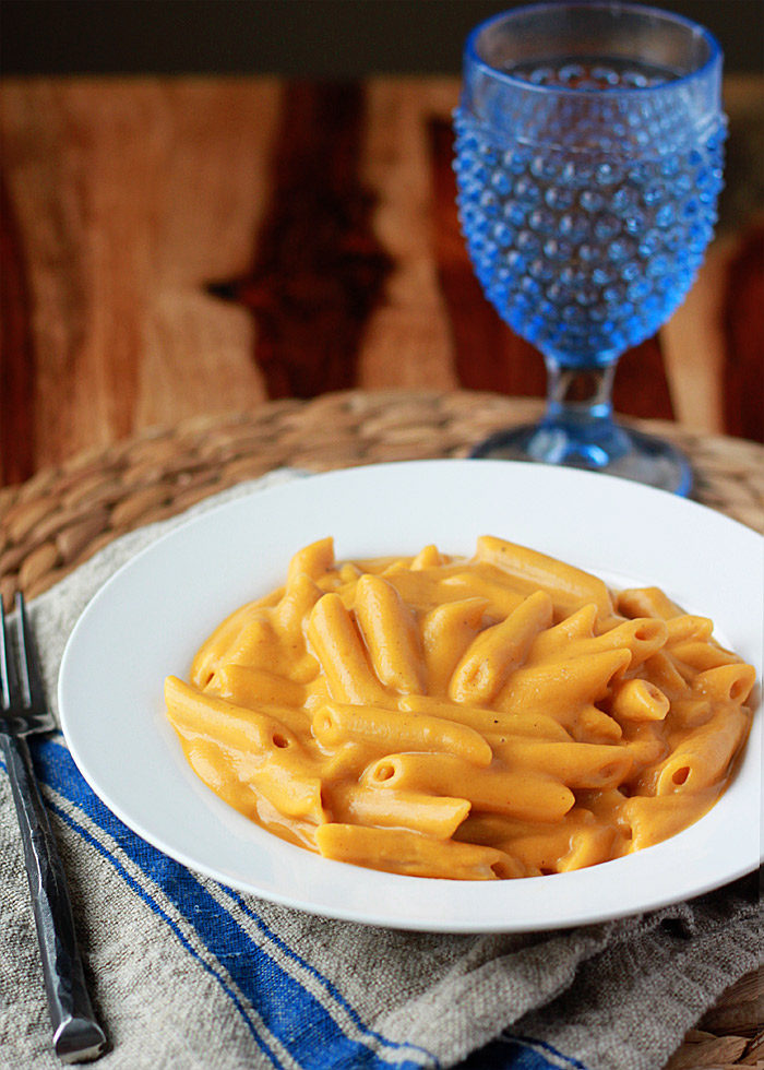 Vegan Stovetop Mac and "Cheese" recipe - made with sweet potatoes, butternut squash, and other mainstream real-food ingredients. No weird stuff here - just pure vegan macaroni and cheese-like deliciousness!