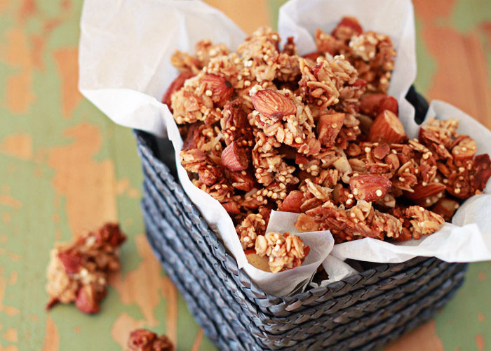 Honey Almond Quinoa Granola - Nutty, crunchy, lightly-sweetened clusters make this easy granola recipe a keeper. 