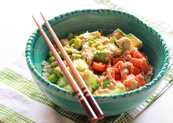 Veggie Roll Rice Bowl with Creamy Sesame-Wasabi Dressing recipe - All the flavors of veggie sushi rolls, in the form of a tasty and satisfying grain bowl.