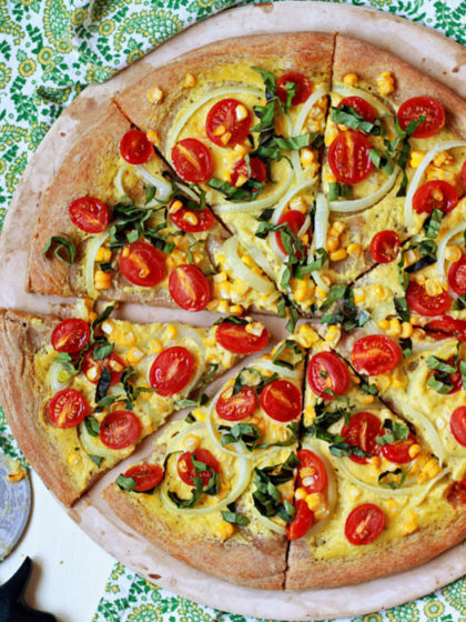 Vegan Summer Pizza with Sweet Corn, Tomatoes, and Basil - Pizza without cheese? Believe it or not, it can be utterly delicious! This seasonal summertime pizza is proof.