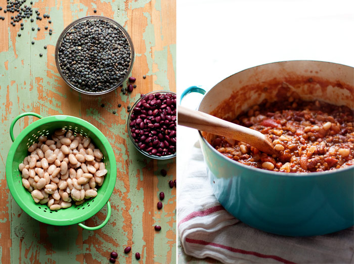 A side by side image showing the beans and lentils that go into vegetarian bolognese and a pot of cooked vegetarian bolognese. 