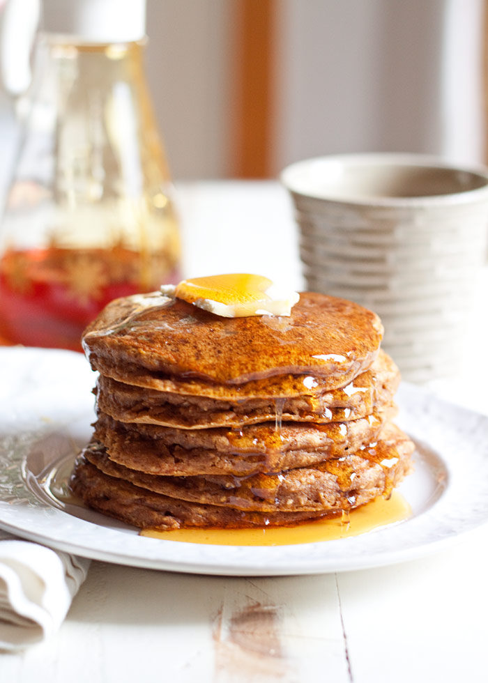 We love these Pumpkin Chia Pancakes, a healthier pumpkin pancake recipe. Fluffy, hearty, delicious. Dairy-free with vegan option!
