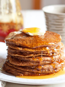 We love these Pumpkin Chia Pancakes, a healthier pumpkin pancake recipe. Fluffy, hearty, delicious. Dairy-free with vegan option!