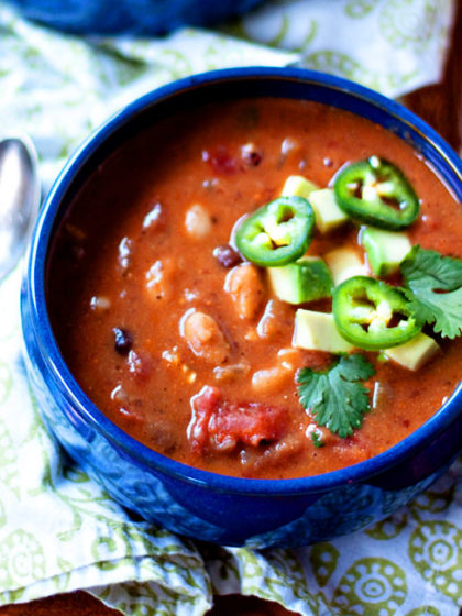 Jalapeno Black Bean and White Bean Soup - This super-simple recipe is healthy, comes together in a cinch, and is so wonderfully full-flavored. We love it! This recipe starts out vegan, but you can customize the toppings to add dairy or even a little meat if the carnivores like.