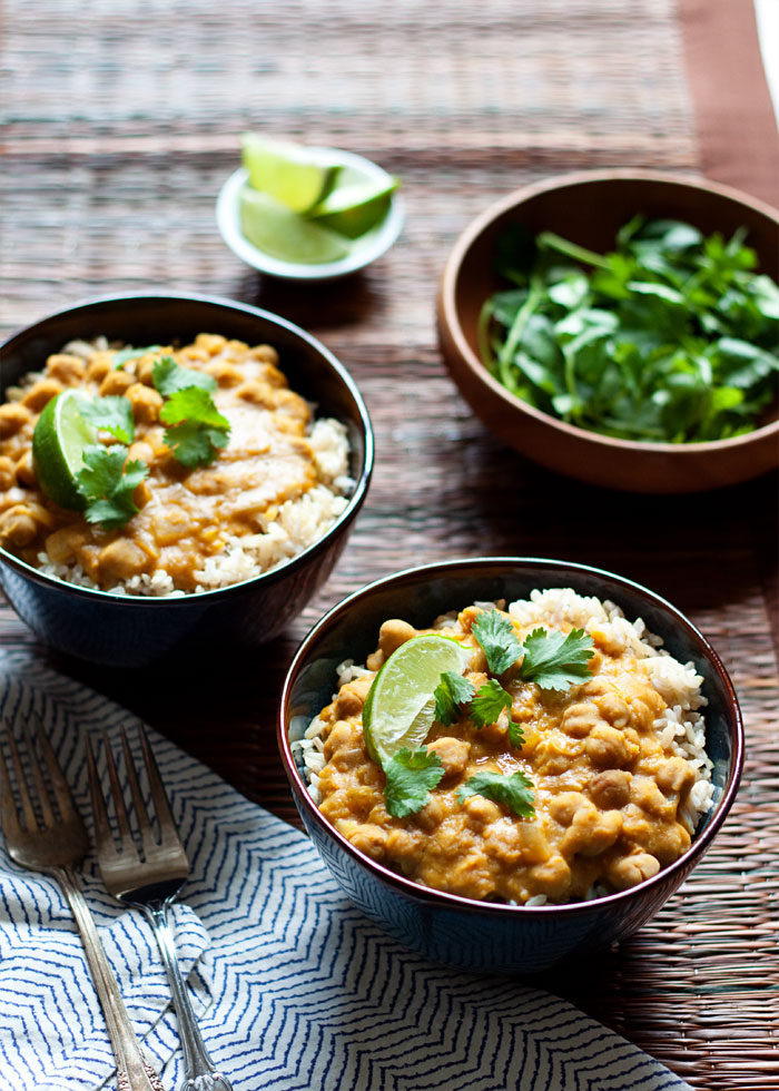 Two bowls of Slow Cooker Pumpkin, Red Lentil, and Chickpea Curry