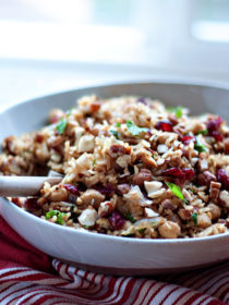 Nutty Chickpea Pilaf recipe - A hearty pilaf with a satisfying nutty crunch and, thanks to a handful of dried cranberries, a touch of contrasting sweetness. A plethora of chickpeas elevates what's typically a side to entree status. My favorite dinner lately! Vegan, gluten-free.