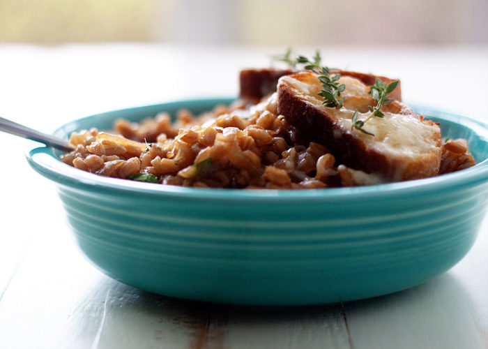 One-Pot French Onion Farro - With tender-cooked farro grains and French onion flavors, this easy one-pan favorite is like a cross between risotto and French onion soup. Serve with Gruyere-topped crostini and a fresh sprig of thyme and we're talking swoon-city. For a vegan version, just omit the gruyere - still absolutely delicious! 