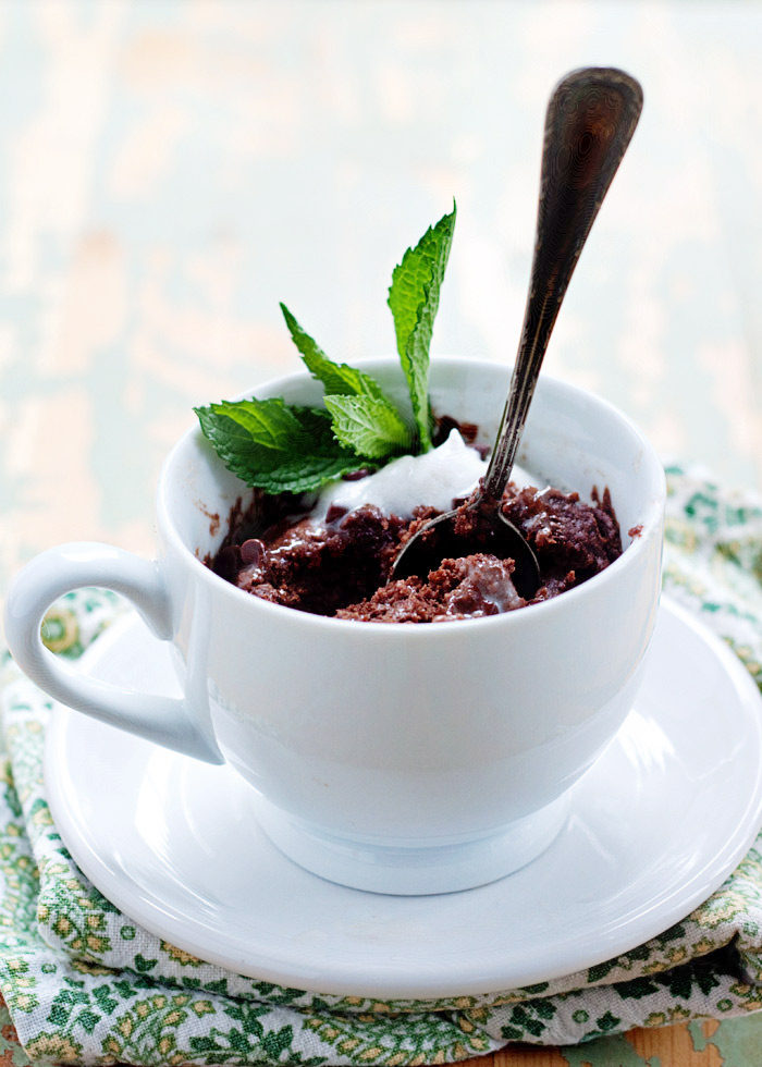 Double Chocolate Mint Mug Cake recipe - This uber-chocolatey mug cake just happens to be vegan, but everyone is sure to appreciate this decadent and tender little splurge.