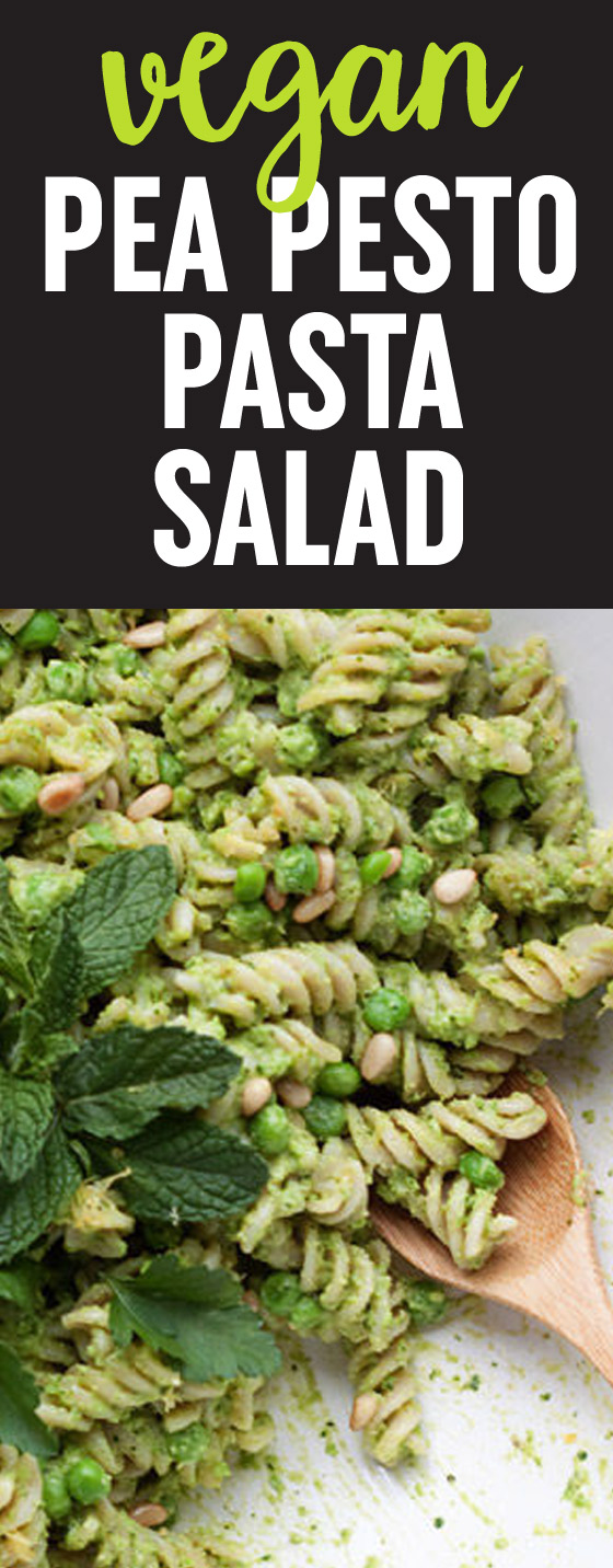 Pea Pesto Pasta Salad - This easy vegan salad boasts a creamy pea pesto with parsley, mint, pine nuts, and lemon. Perfect for make-ahead lunches and potlucks. Gluten-free option. 