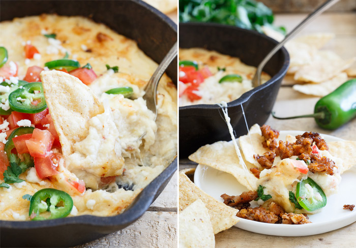 Lightned-Up Queso Fundido Recipe (with hidden cauliflower!) - A lightened-up queso fundido with only 1/3 the cheese! All the creamy cheesiness you love of the classic Mexican dish, made healthier with a hidden veggie boost. Vegetarian with omnivore option (top the carnivores' portions with cooked chorizo for a meaty version.)