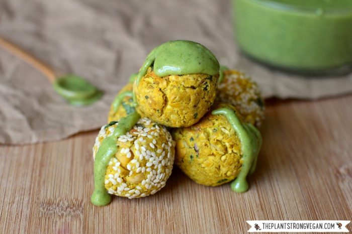 23 Tasty Turmeric Recipes - Like these Baked Turmeric Falafel with Citrus Tahini Sauce from @PlantPhilosophy